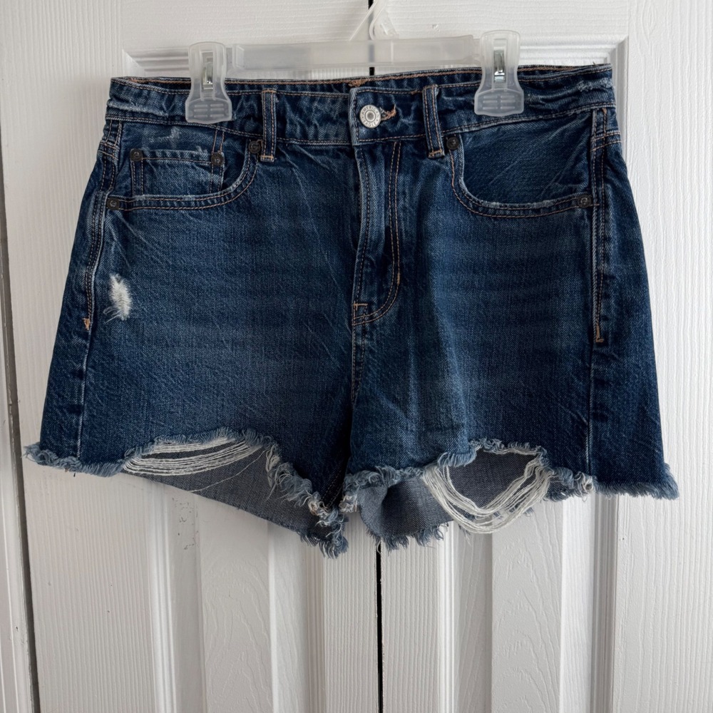 American Eagle Tomgirl Denim Shorts 4 Blue Distressed Raw Hem High Waisted Y2K